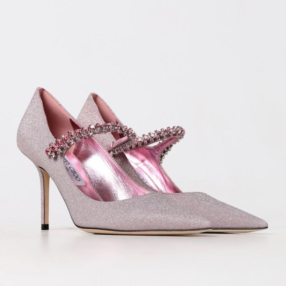 Jimmy Choo Bing 85 Pumps Sz 37 Pink Glitter Crystal Embellished Pointed Toe - Picture 1 of 14